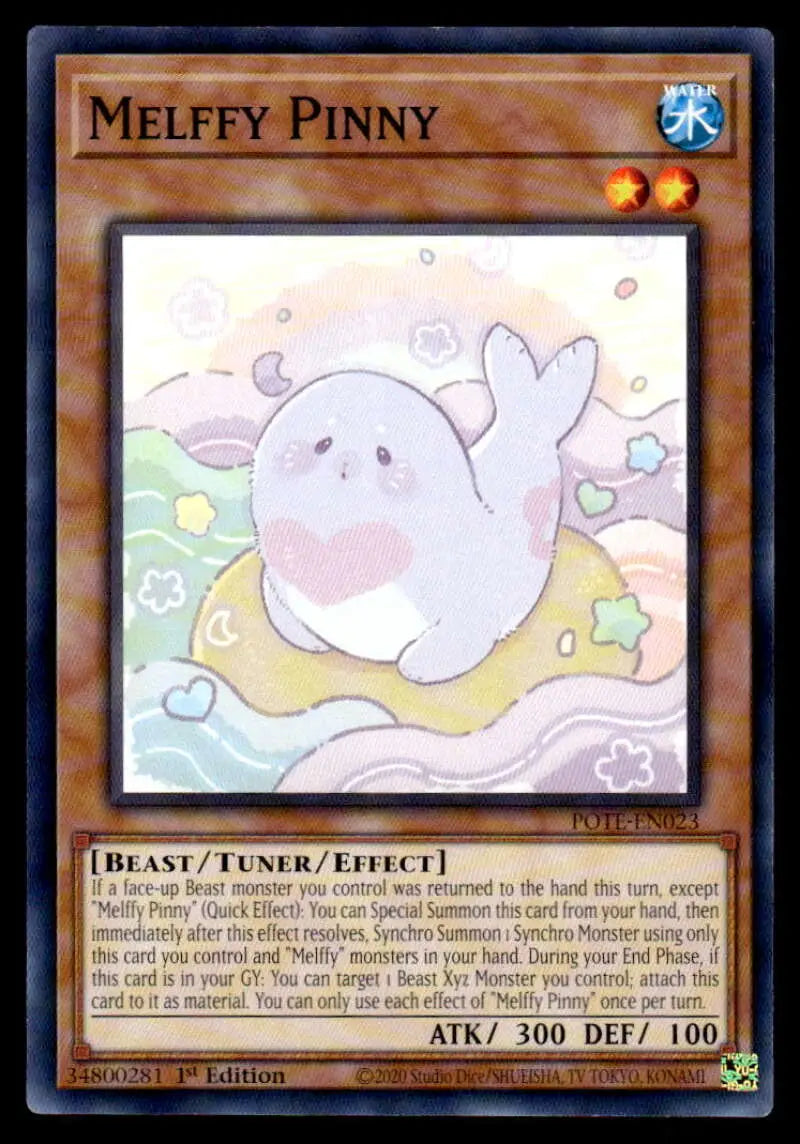 Cute white seal-like creature on a yellow ring in Melffy Pinny card artwork