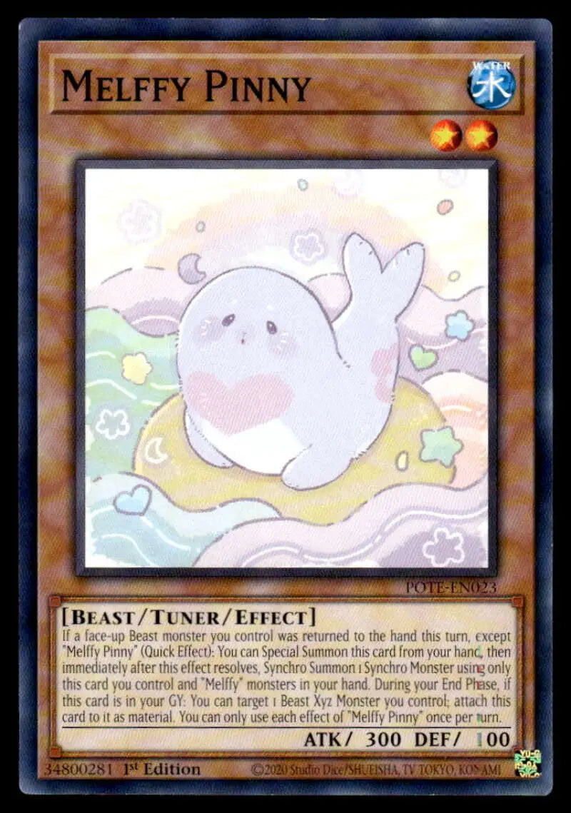 A cute white Melffy Pinny floating on a yellow ring for the Melffy Pinny card