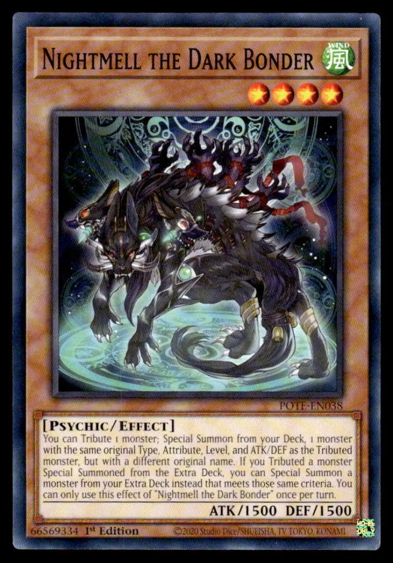 Dark armored dragon-like creature with glowing orbs on Nightmell the Dark Bonder card