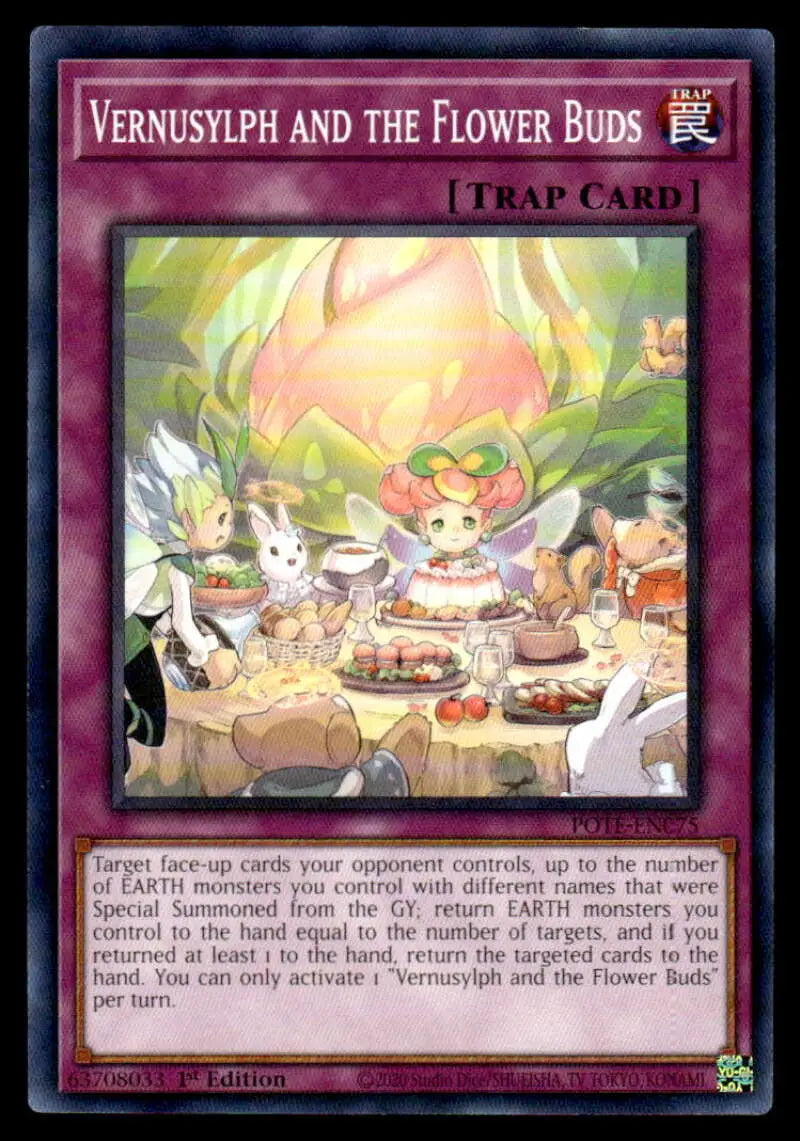 Whimsical Yu-Gi-Oh trading card featuring flower buds and woodland creatures at a tea party