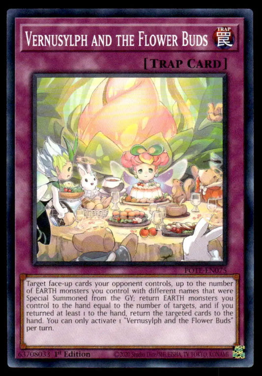 Yu-Gi-Oh trading card featuring whimsical tea party with flower buds and magical creatures