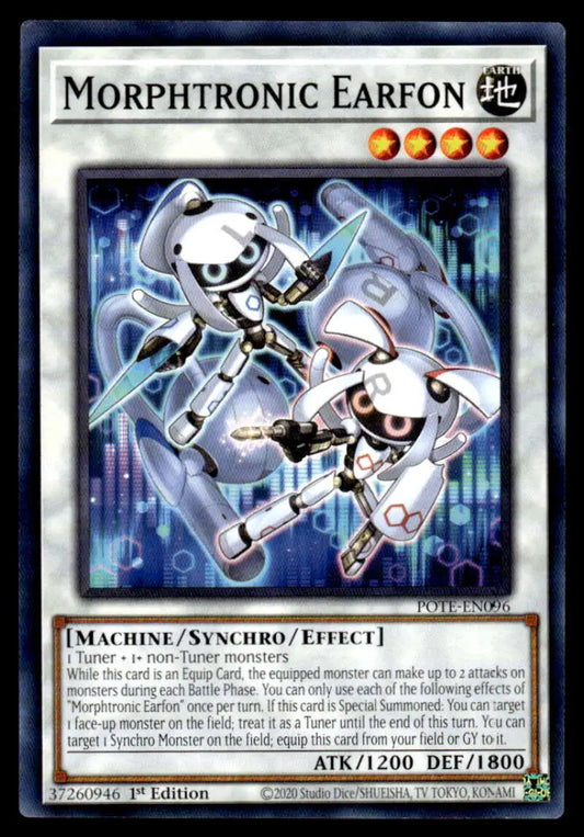 Robotic white and silver Morphtronic Earfon card with glowing blue accents and wings