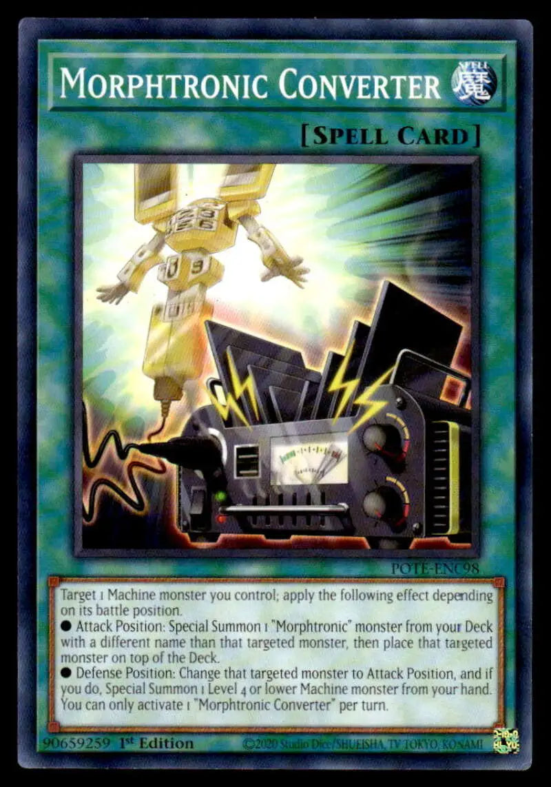 Morphtronic Converter Yu-Gi-Oh Trading Card features a robotic device with glowing energy