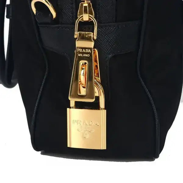 PRADA black Logo Nylon Top Hand Bag with gold-tone hardware and padlock