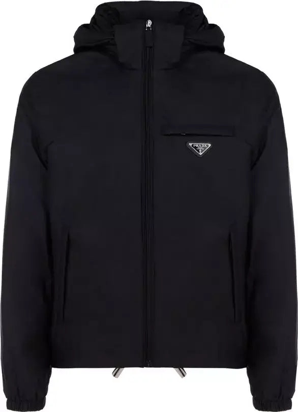 Black Prada hooded zip-up jacket with welt pockets and iconic logo plaque