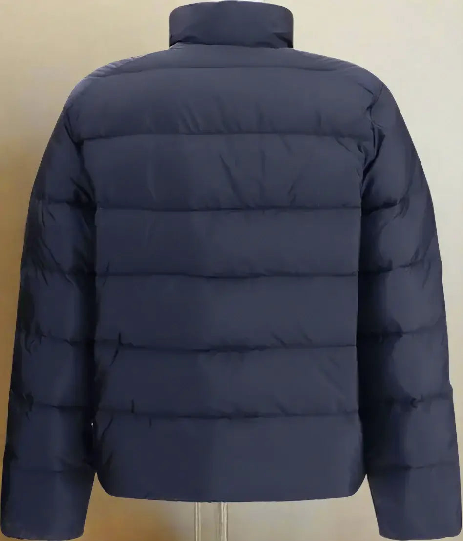 Prada Mens Navy Re-Nylon Down Jacket luxury outerwear with horizontal baffles and triangular plaque