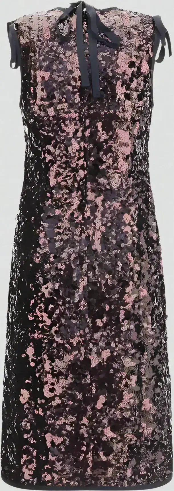 Black sleeveless sequined midi dress with ribbon tie at collar for PRADA polyester midi dress
