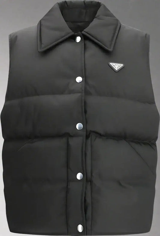 Black sleeveless puffer vest with pointed collar and silver snap buttons for PRADA women