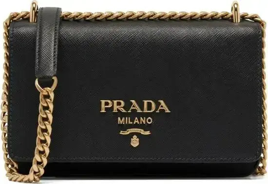Black leather Prada shoulder bag with gold chain strap for women