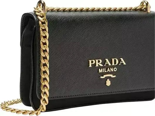 Black leather Prada Saffiano Mini Bag with gold chain strap and logo