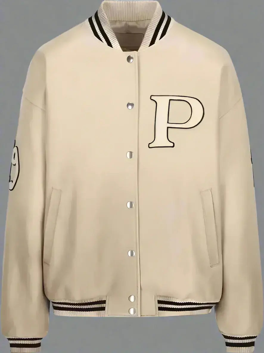 Cream-colored PRADA women’s varsity jacket with P emblem and elasticated hem