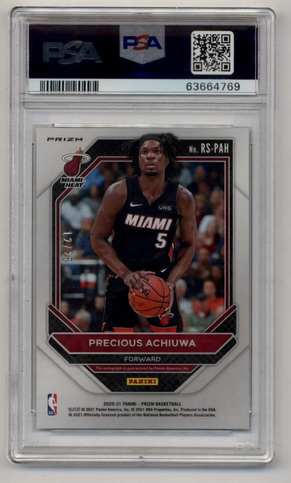 Graded Precious Achiuwa Miami Heat basketball card with Prizm Rookie Auto Mojo finish