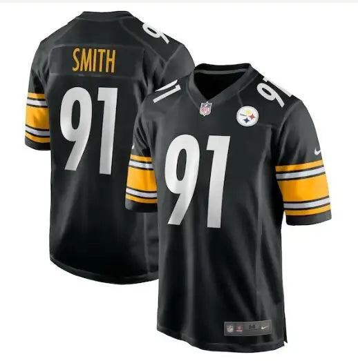 Black and gold Pittsburgh Steelers Preston Smith NFL football jersey with number 91