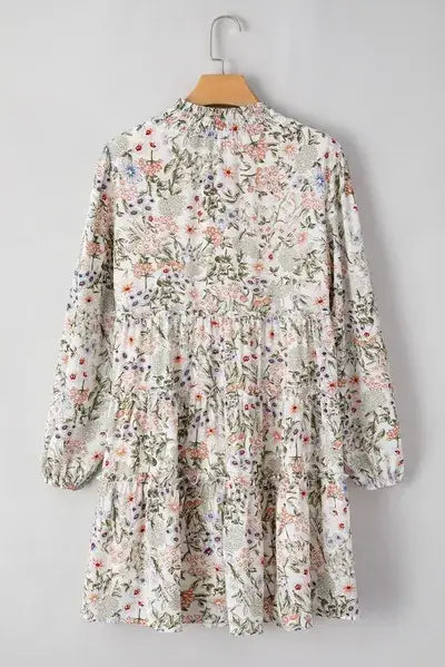 White floral printed mock neck long sleeve mini dress for stylish occasions