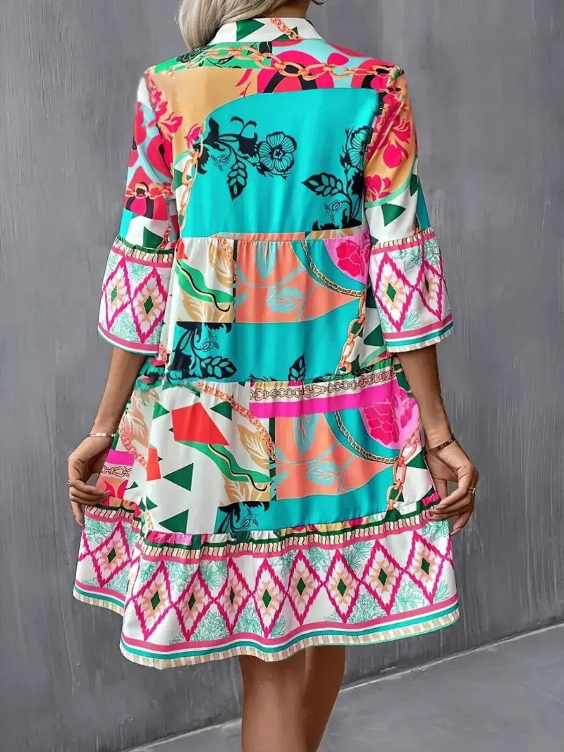 Printed Notched 3/4 Sleeve Tiered Dress - dress