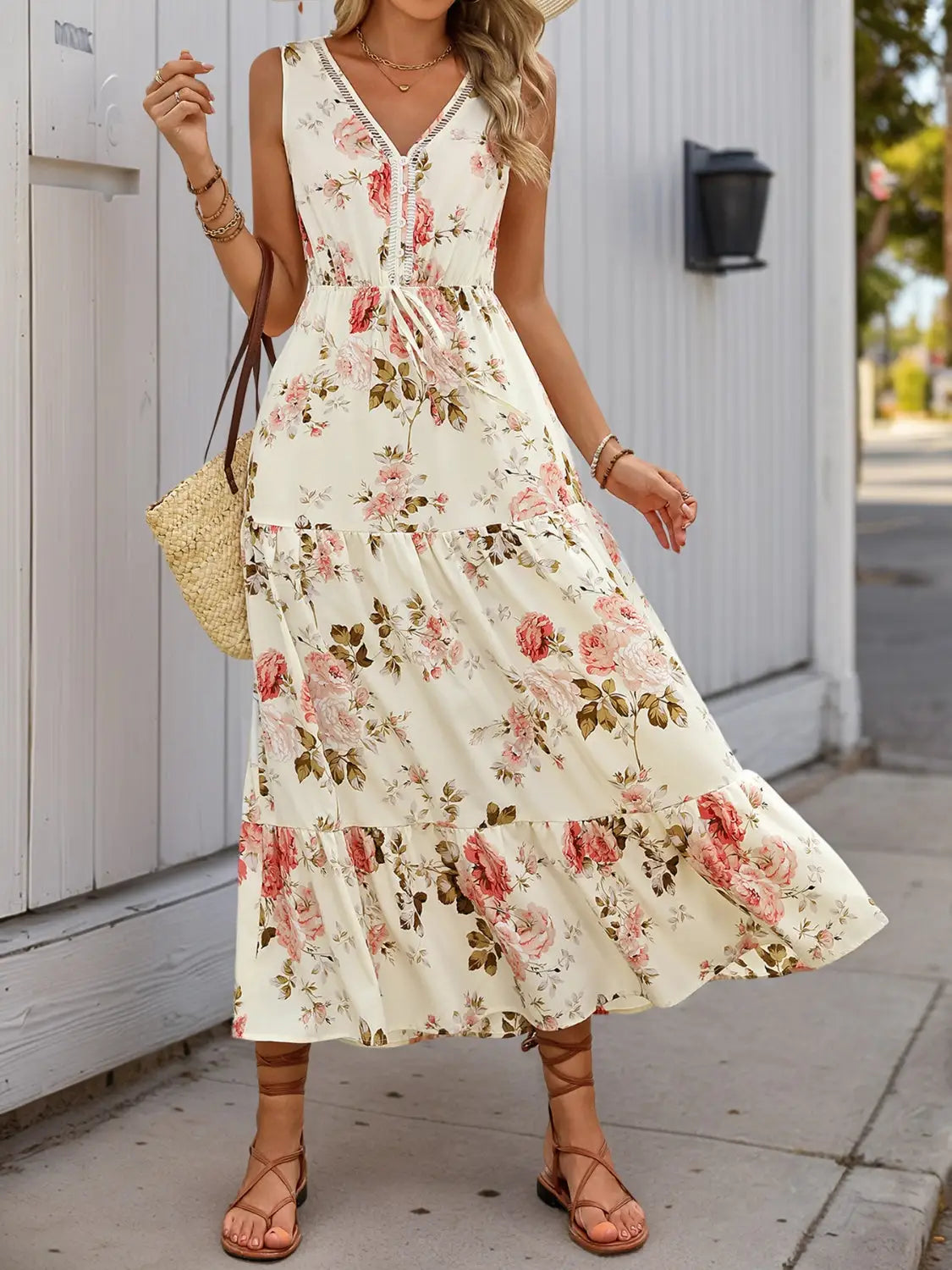 Printed Ruffled Hem V-Neck Sleeveless Dress - dress