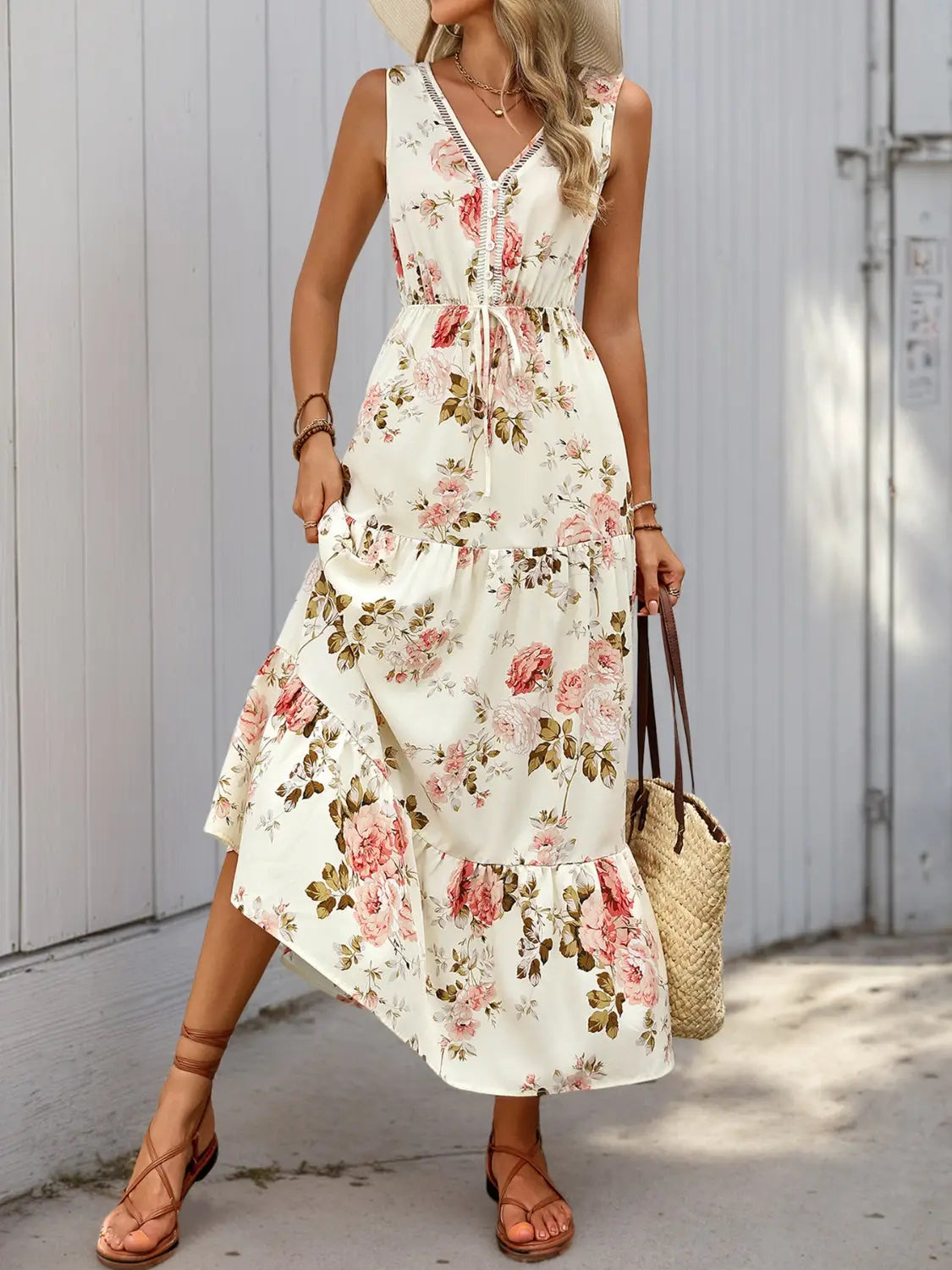 Printed Ruffled Hem V-Neck Sleeveless Dress - dress