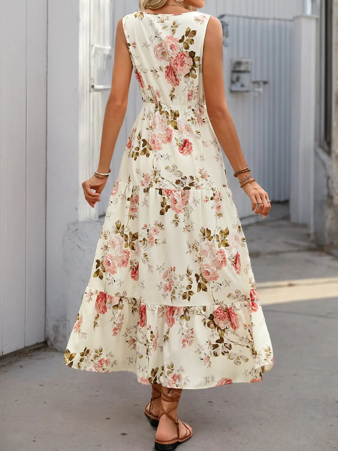 Printed Ruffled Hem V-Neck Sleeveless Dress - dress