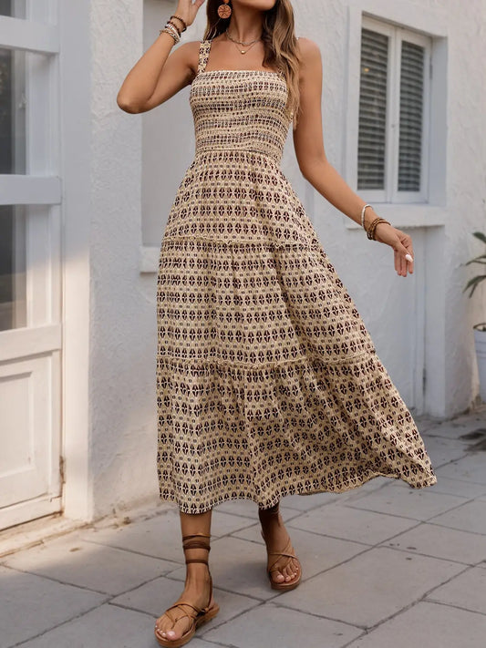 Printed Tiered Wide Strap Midi Dress - Camel / M - dress