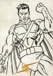 Muscular superhero flexing in a heroic pose on Clint Hilinski Sketch Card