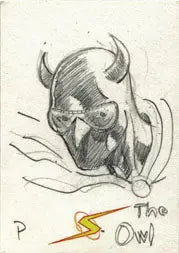 Sketched superhero with horned mask on Mark Pennington’s sketch card trading cards