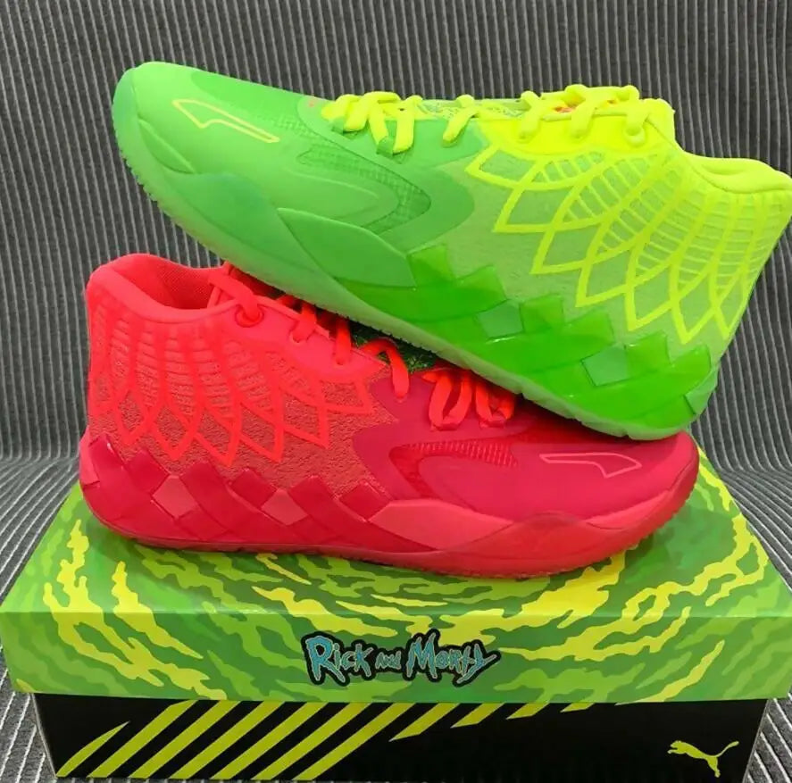 Vibrant mismatched Puma Lamelo Ball MB01 Rick And Morty shoes on themed shoebox, fast shipping