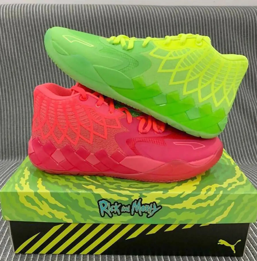 Vibrant mismatched athletic shoes neon green and hot pink with textured designs on Rick and Morty box, fast shipping