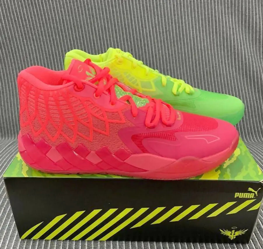 Vibrant neon pink and green Puma Lamelo Ball MB01 Rick And Morty shoes on black green shoebox