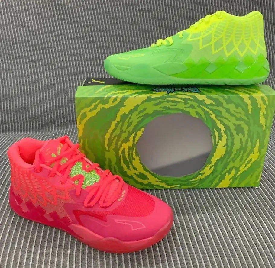 Vibrant Puma Lamelo Ball MB01 Rick and Morty basketball shoes with neon green and pink colors, fast shipping available