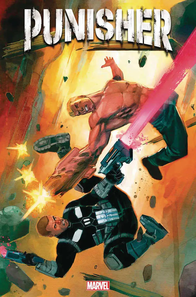 Dynamic comic book cover of Punisher #2 with tactical figure in explosive gunfight, ideal for trading cards
