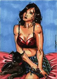Stylized illustration of a woman in lingerie on a Sketch Card by Jim Kyle