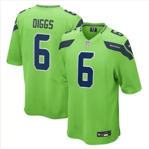 Bright green Seattle Seahawks Nike Game jerseys with Diggs number 6 front and back display