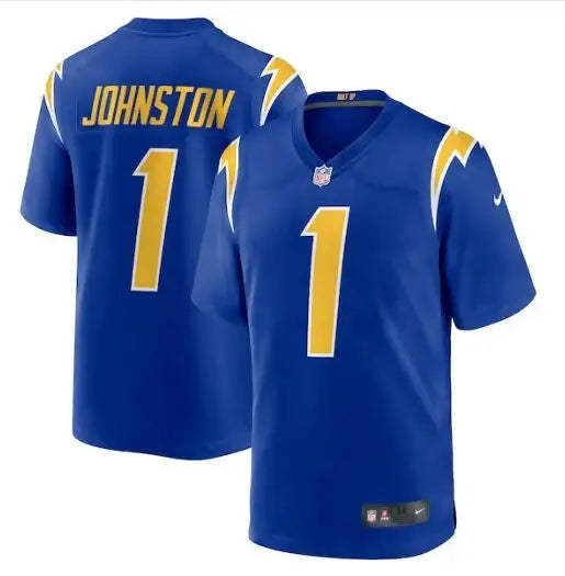 Blue Los Angeles Chargers Nike Alternate Game Jersey with gold number 1 and JOHNSTON on back