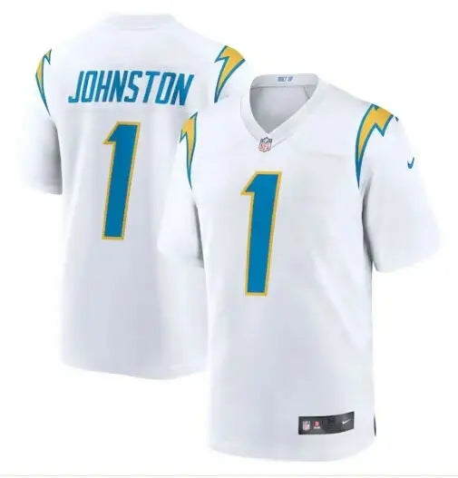 Two white Quentin Johnston Los Angeles Chargers Nike away game jerseys with blue numbers
