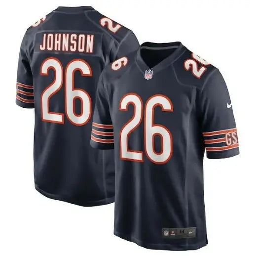 Navy blue Chicago Bears football jersey featuring Quindell Johnson Nike Team Game design