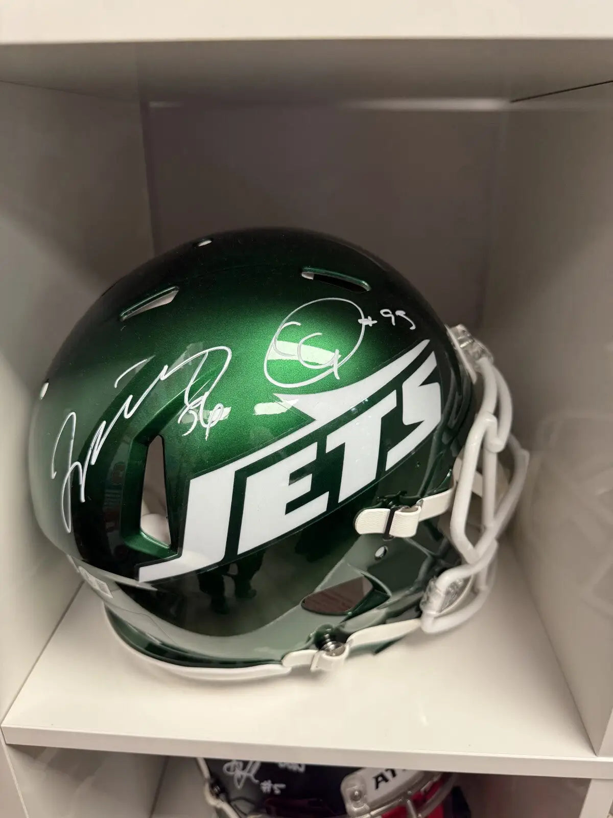 Authentic autographed green New York Jets helmet signed by Quincy Williams