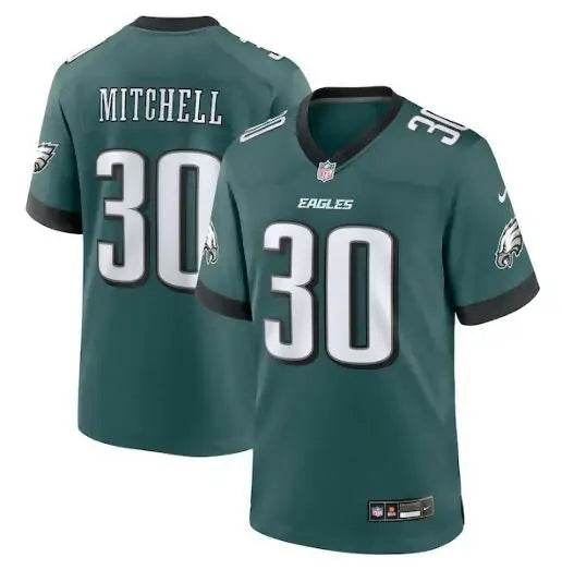 Two green Philadelphia Eagles jerseys with number 30 featuring Quinyon Mitchell Nike 2024 NFL Draft