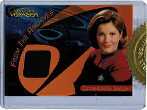 Trading card of woman in red Starfleet uniform from Star Trek Voyager memorabilia