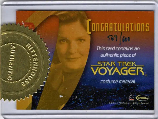 Collectible trading card featuring Star Trek Voyager costume material with gold seal
