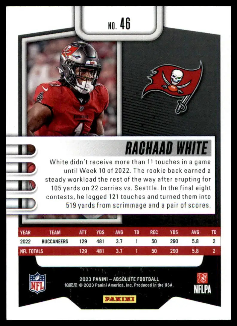 Football trading card of Rachaad White from Panini Absolute 2023 Tampa Bay Buccaneers