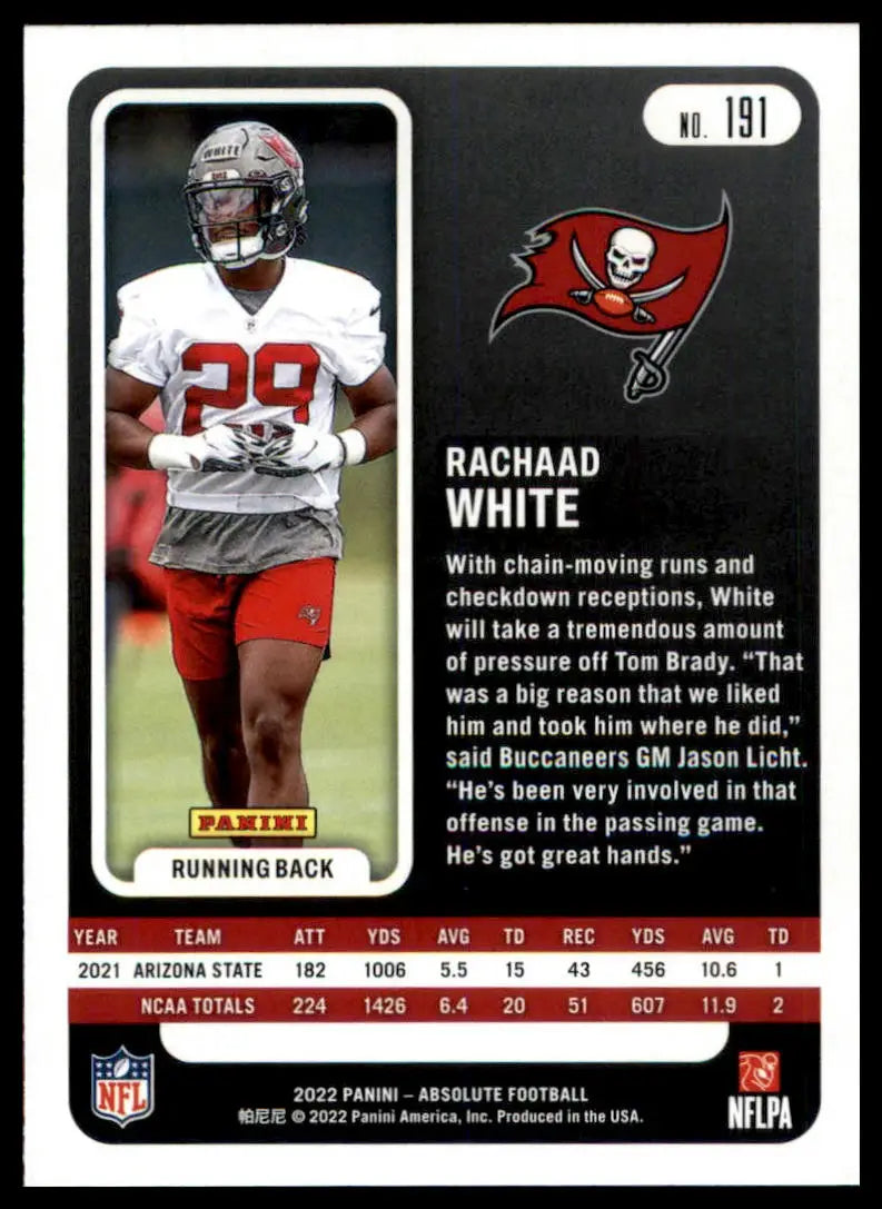 Football trading card of Rachaad White from Panini Absolute 2022 Tampa Bay Buccaneers