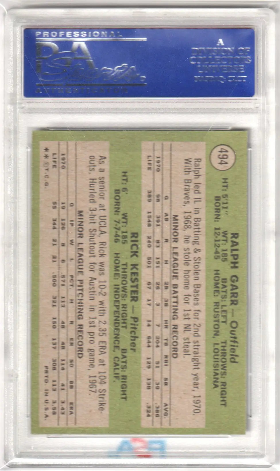 Baseball card in protective case of Ralph Garr 1971 Topps Braves Rookie PSA 8 NM-MT