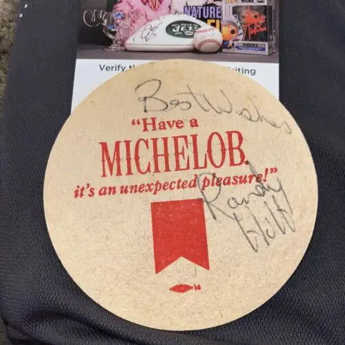 Autographed Michelob beer coaster featuring Randy Holt Chicago Blackhawks signature