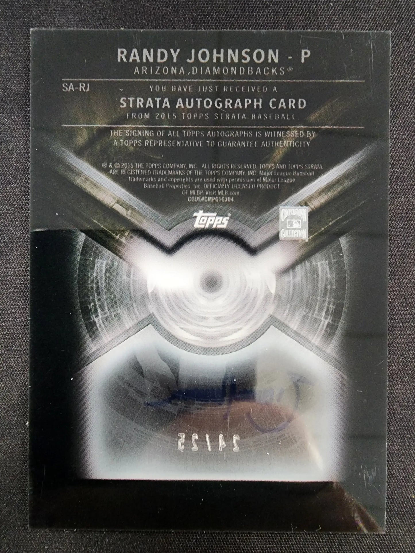 Black and silver Randy Johnson Strata Baseball Auto card with geometric design