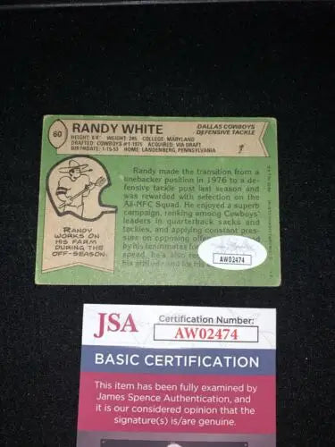 Randy White autographed 1978 Topps Dallas Cowboys trading card with JSA certification