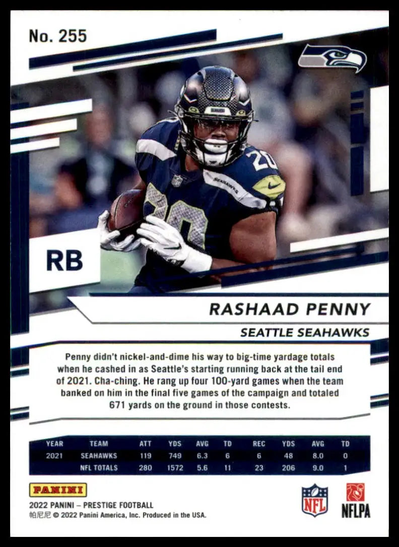 Rashaad Penny football card from Panini Prestige 2022 Seattle Seahawks collection