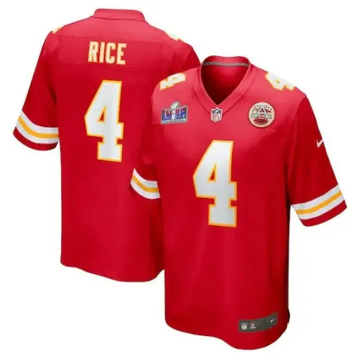 Red Rashee Rice Kansas City Chiefs Nike Super Bowl LVIII jersey with RICE and 4 on back