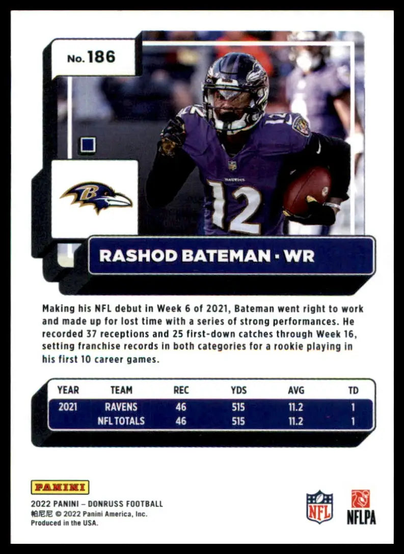 Rashod Bateman football card from 2022 Donruss series featuring Baltimore Ravens player