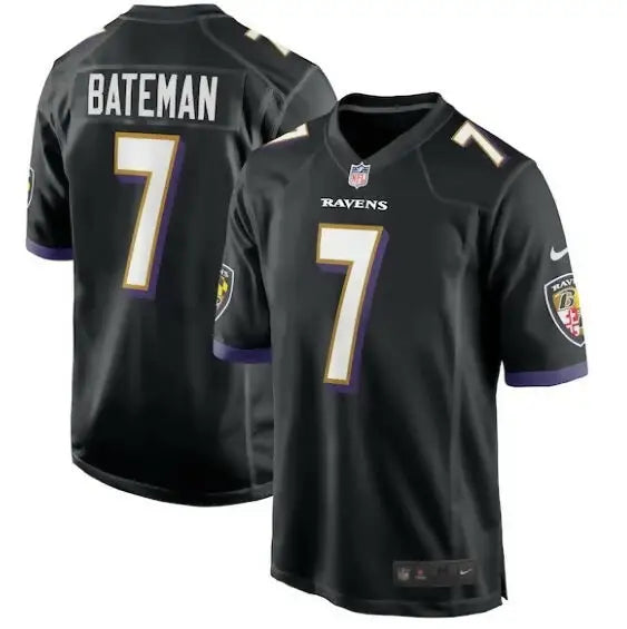 Black Baltimore Ravens Rashod Bateman Nike Game Player Jersey with number 7 and Bateman on back