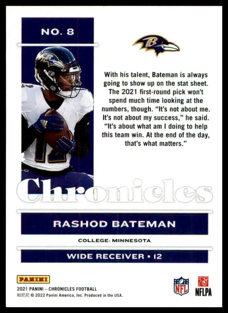 Rashod Bateman football card from Panini Chronicles 2021 Rookie Baltimore Ravens